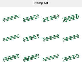 Green Grunge Stamp Set with Business, Office, and Legal Concepts Isolated on White