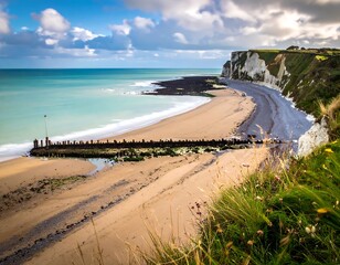 Coastal beach scene with cliffs