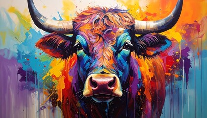 Colorful bull portrait.  Vibrant abstract art