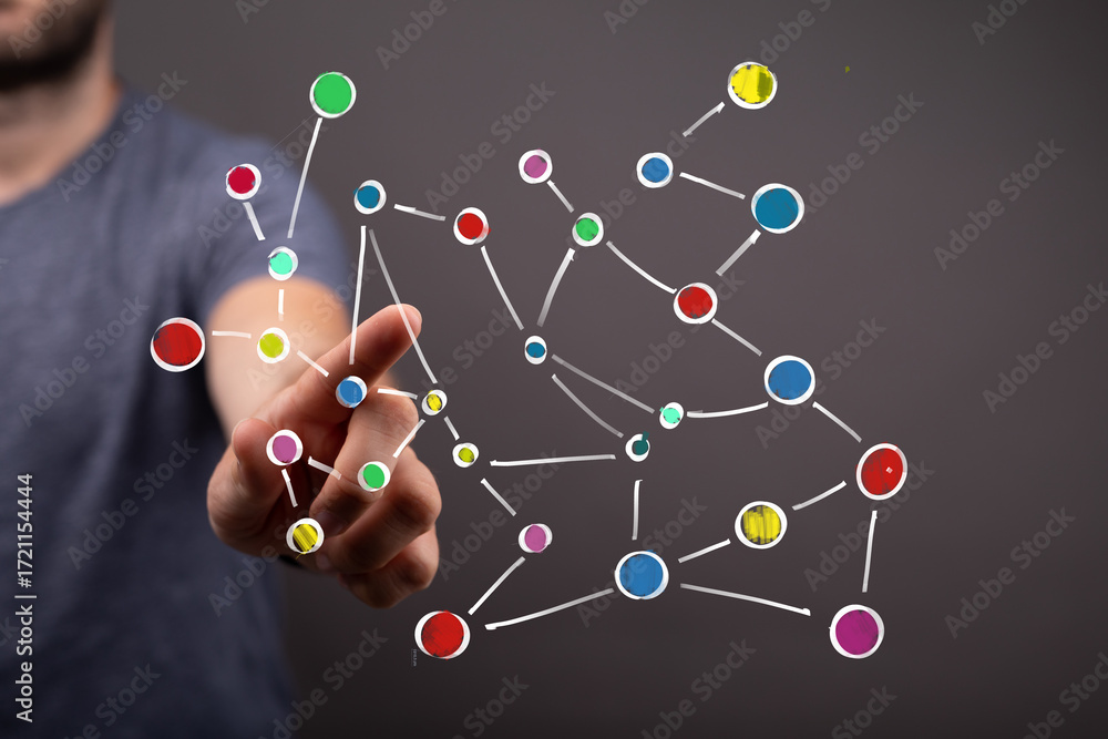 Poster abstract image of a hand interacting with a colorful network graph. ideal for technology, connection