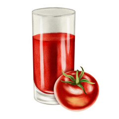 Watercolor illustration of tomato juice. Tomato juice in a glass, whole and sliced ​​tomatoes, isolated on a white background. Ideal for brand packaging design and corporate identity.