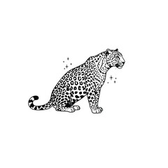 Majestic leopard seated side profile detailed black and white artistic rendering silhouette