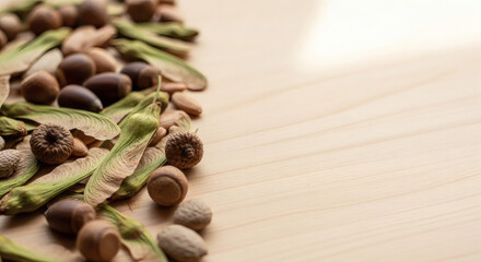 Assortment of tree seeds and nuts arranged on a wooden surface.