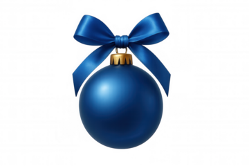Blue christmas ornament bauble decorating for holiday celebration, tied with elegant satin ribbon bow on transparent background