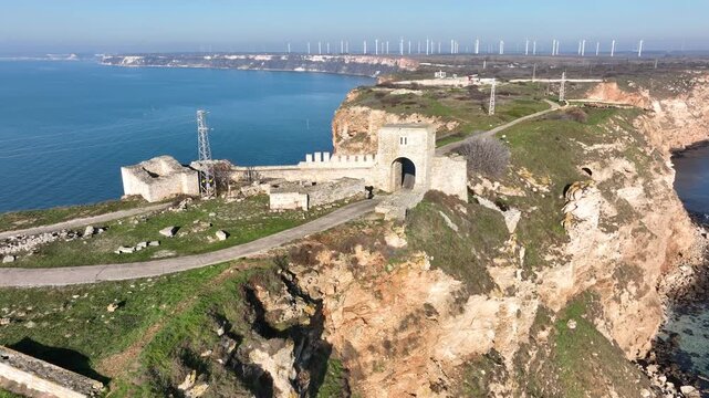 Gate of ancient fortress Kaliakra on a cape Kaliakra. Aerial view. North-east Bulgaria, Kavarna, Black sea
