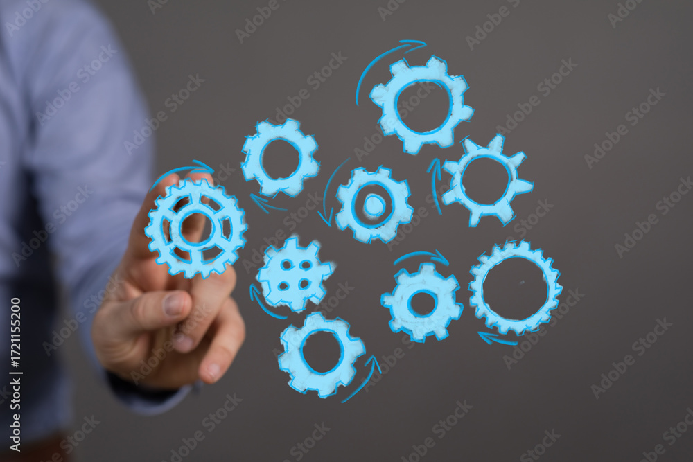 Poster abstract image of gears representing teamwork, workflow, and strategic planning. ideal for business 