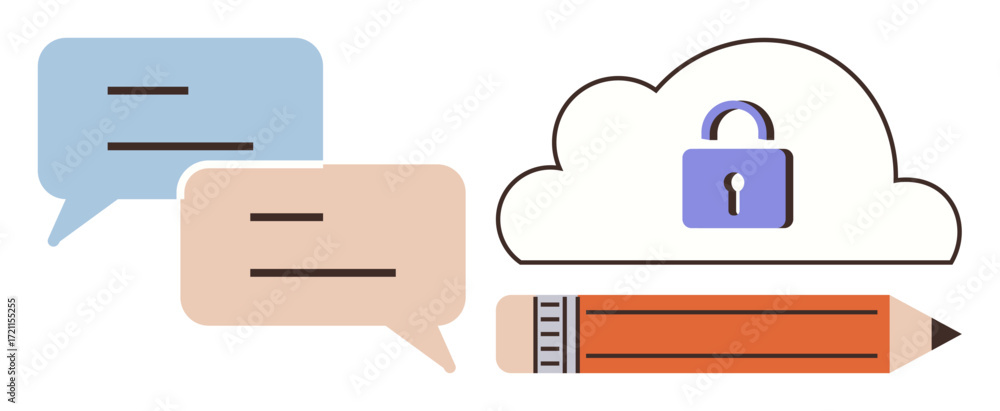 Poster speech bubbles representing communication, cloud with lock symbolizing data security, and pencil for