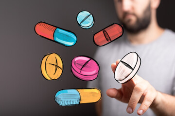 Hand interacting with floating pills,healthcare, medicine, technology, treatment, digital health, pharmacy, wellness, medical, doctor, pa