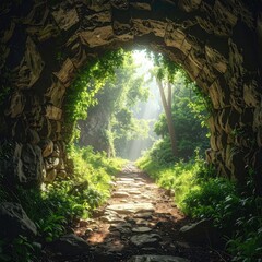Stone archway leads to sunlit forest path