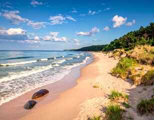 Coastal beach scene with waves and sand