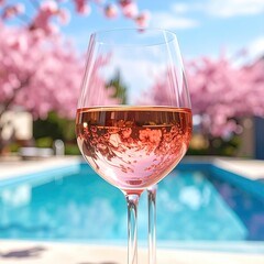 Ros? wine glass by pool, cherry blossoms