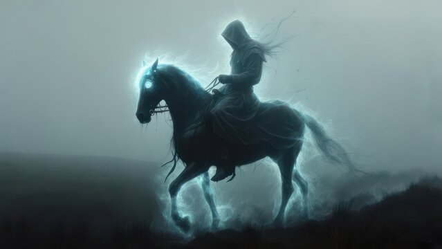 A spectral rider on a glowing steed through a misty landscape