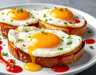 Fried eggs on toast with a drizzle of sauce