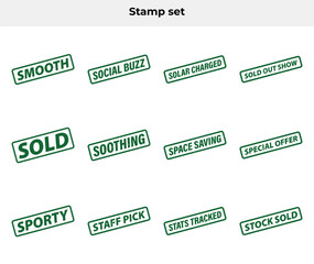 Fototapeta premium Stamp Set With Green Grunge Effect Borders Featuring Phrases On White Background