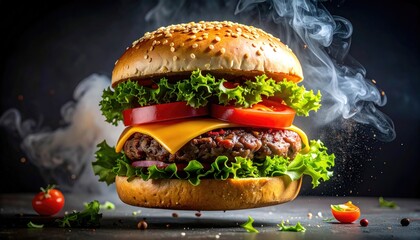 Delicious burger, smoke rising