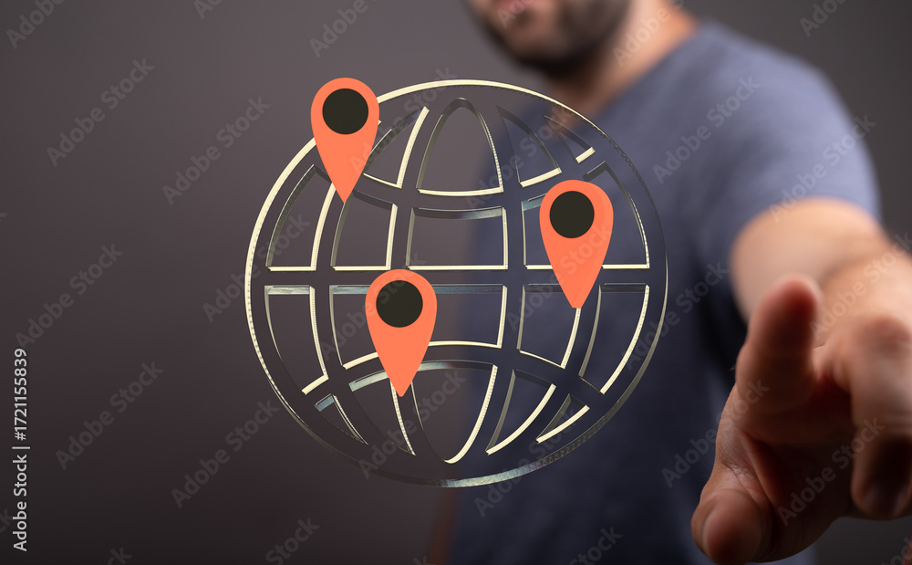 Poster image depicts a man interacting with a 3d globe showing multiple location markers, symbolizing globa