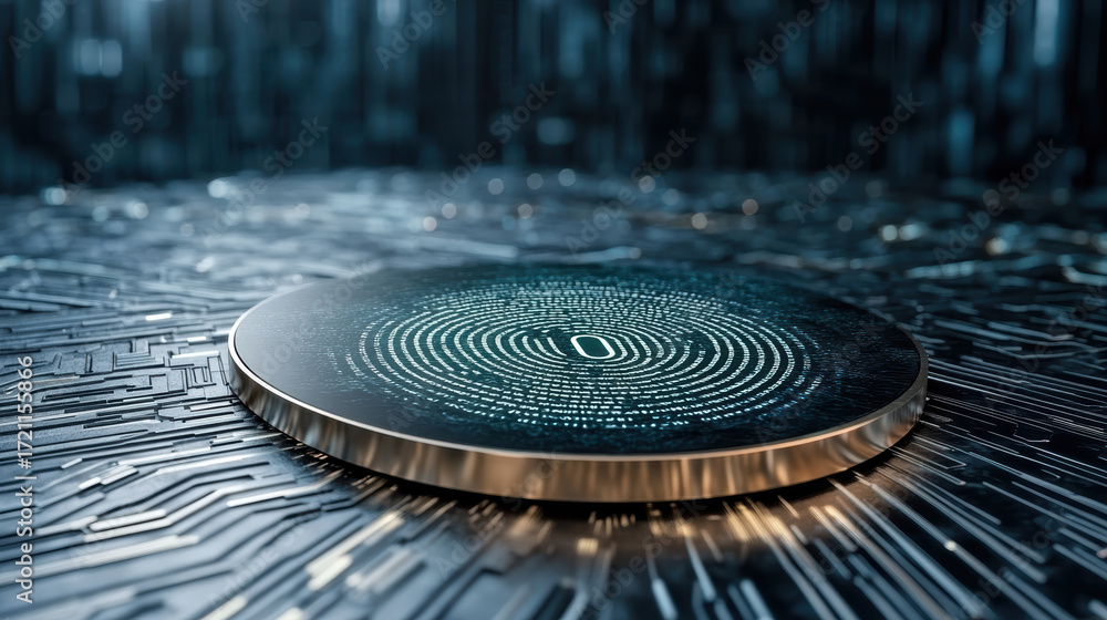 Poster digital fingerprint design on metallic surface, showcasing intricate patterns and technology