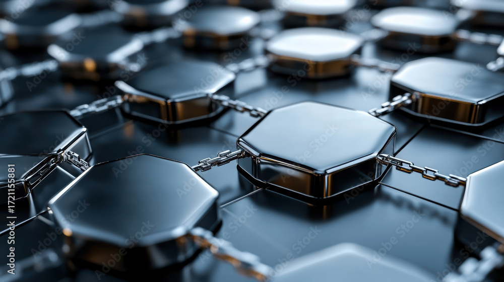 Aufkleber dynamic blockchain structure with hexagonal shapes and metallic chains, showcasing modern