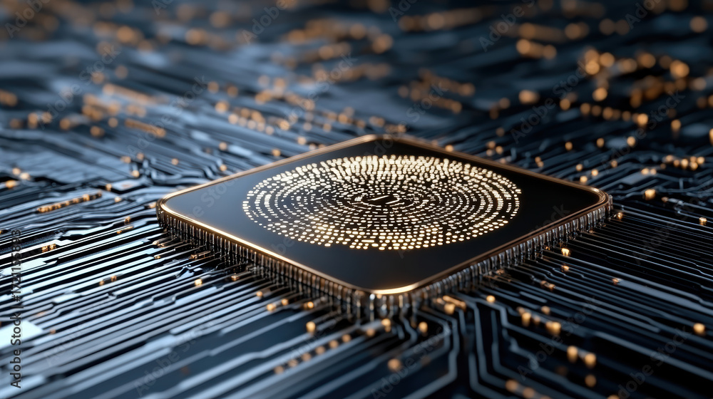 Poster high tech microchip circuit board with glowing elements, showcasing advanced technology
