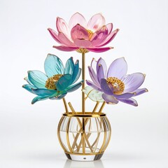 Colorful lotus flowers in a glass vase