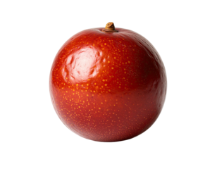 Close-up of a round, vibrant red fruit with small, scattered red dots