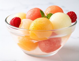 Cantaloupe balls in a bowl with raspberries and mint