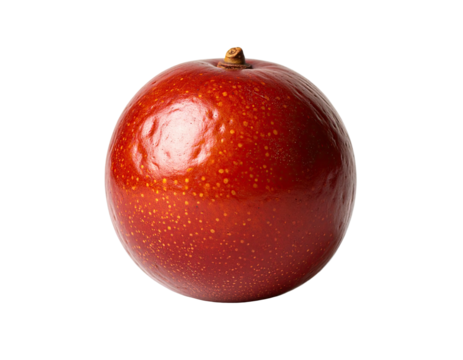 Close-up of a round, vibrant red fruit with small, scattered red dots