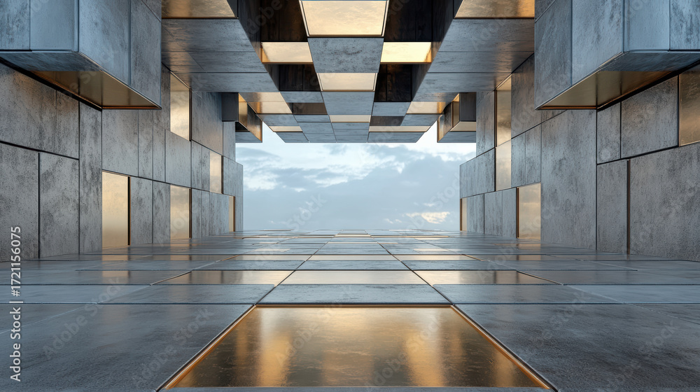 Poster modern architectural design features geometric pattern with reflective surfaces and natural
