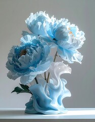 Light-blue paper peonies in sculpted vase