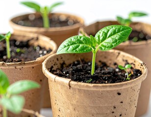 Close-up of young seedlings in small brown pots