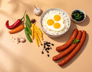 Rice, eggs, sausages, and vegetables on beige surface