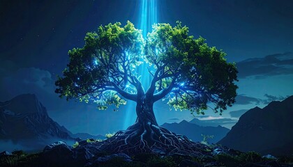 Mystical tree bathed in ethereal light