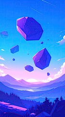 Floating purple rocks over a vibrant landscape
