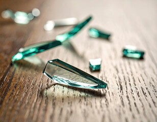 Broken teal glass shards on wood