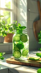 Refreshing cucumber and mint water in a mason jar, sunlit kitchen