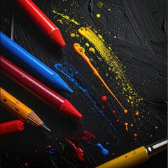Colored art supplies on dark textured surface