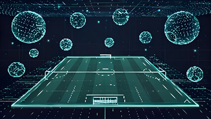 Futuristic digital soccer field with glowing orbs