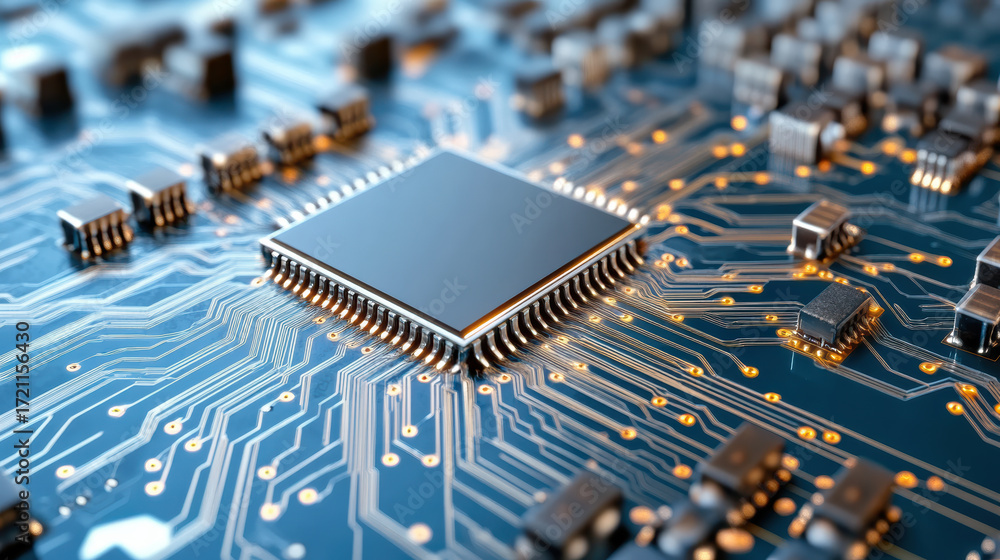 Poster high tech circuit board with microchip, electronic components, and intricate connections