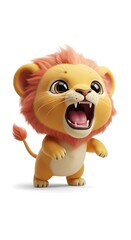 A vibrant, cartoonish lion cub, rendered with expressive details, stands in a dynamic pose against a plain white background.