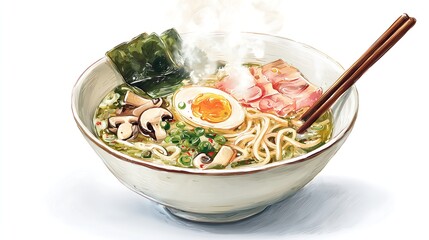 Japanese Ramen Noodle Soup with Pork and Egg - Watercolor Illustration