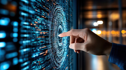 Digital interface interaction showcases hand touching glowing circular pattern, symbolizing