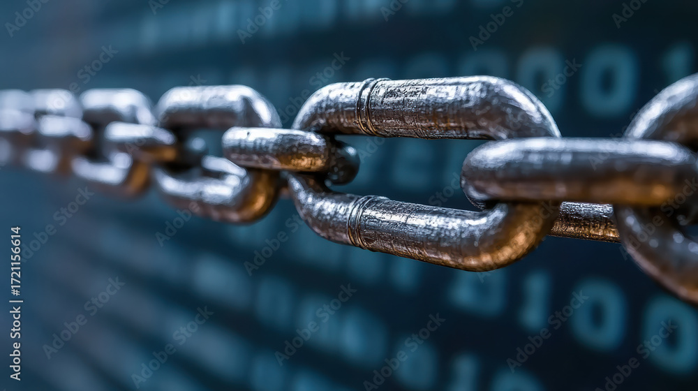 Poster digital chain links symbolize security and connectivity in technology