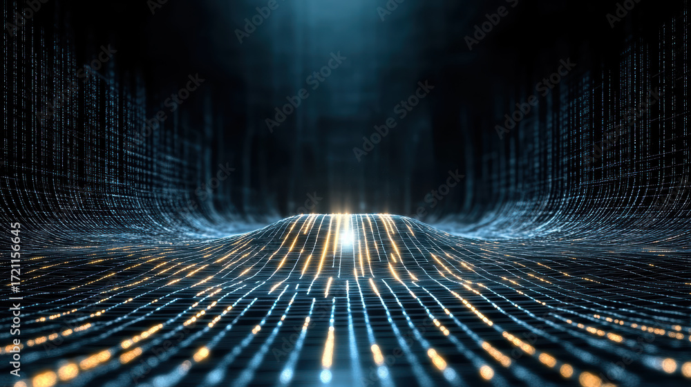 Poster futuristic digital landscape with glowing lines and data streams creating wave effect