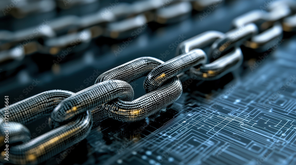 Poster digital chain links connected on circuit board background symbolize technology and security