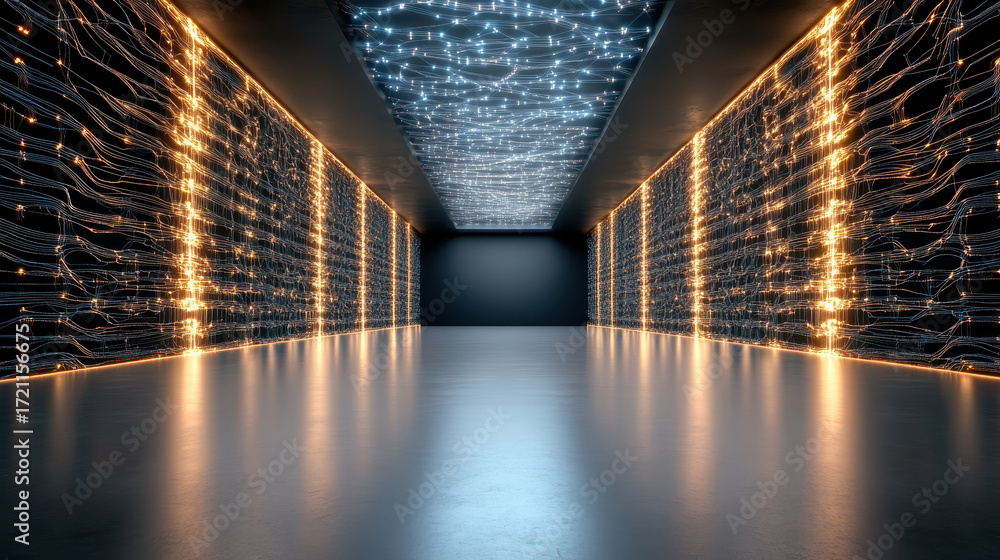 Poster futuristic corridor with glowing circuits and lights, creating high tech atmosphere