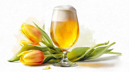 Elegant Glass of Beer with Foam and Tulips - Watercolor Illustration