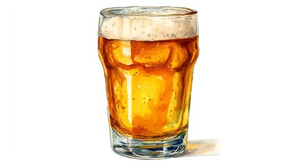 Pint Glass of Golden Beer with Rich Foam - Watercolor Painting