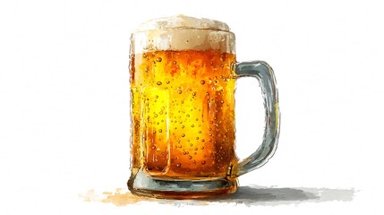 Watercolor Illustration of a Fresh Beer Mug with Foam