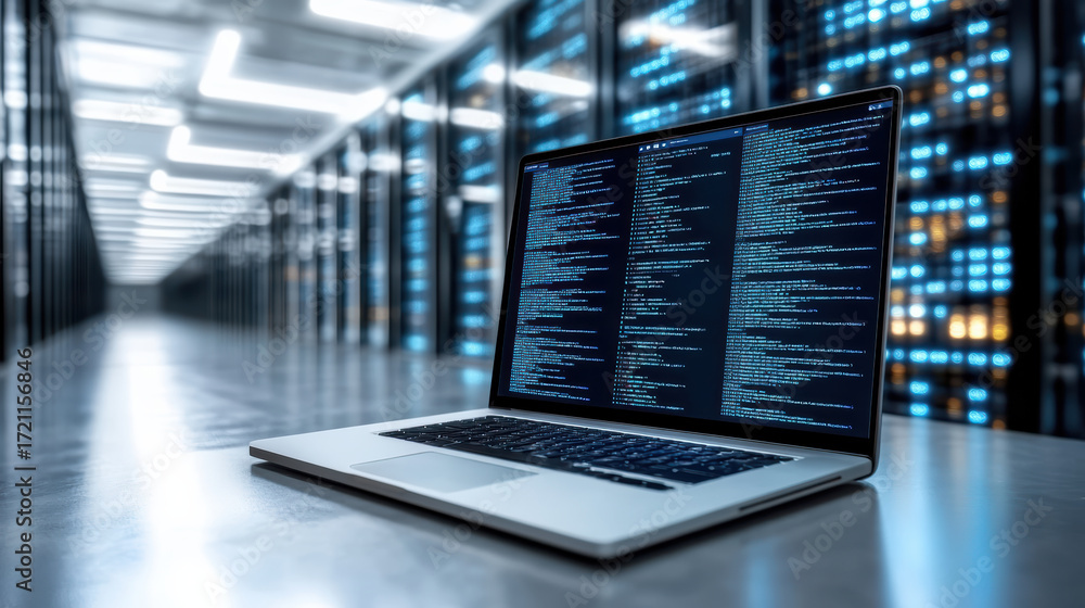 Poster modern laptop displaying code in data center environment, showcasing technology and innovation