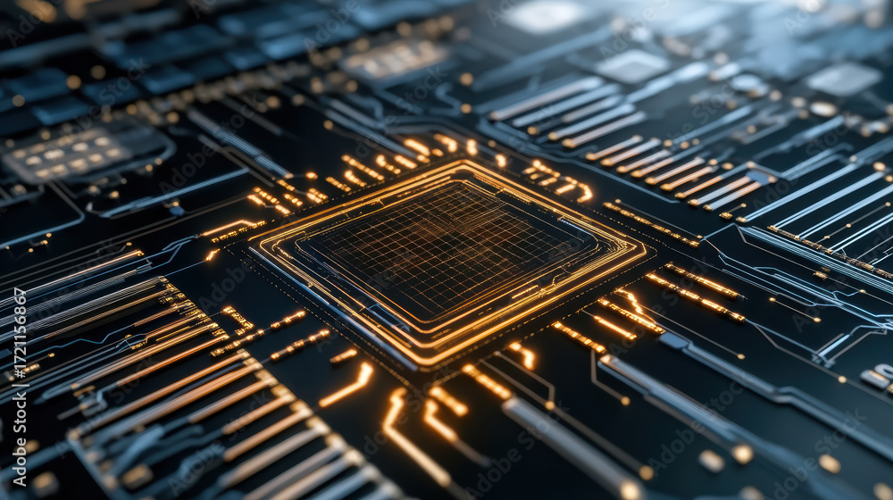 Poster high tech circuit board with glowing processor and intricate pathways, showcasing modern